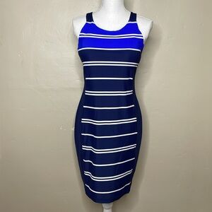 ATHLETA Captain Blue Striped Racerback Swim Dress Active Wear Shelf Bra Small